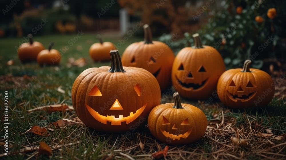 Fototapeta premium Lit jack-o-lanterns on a grassy lawn, with fallen leaves, in the evening, under the moonlight.
