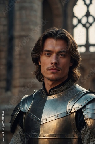 A handsome knight in shining armor stands confidently in a medieval castle courtyard, showcasing his enchanting features and valor.