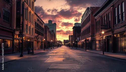 Empty city street at sunset with colorful sky and historic buildings in view