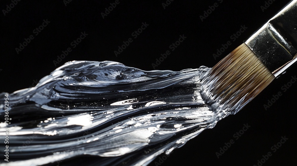 A close-up of a paintbrush with water dripping from its bristles against a dark canvas A close-up of a paintbrush with water dripping from its bristles against a dark canvas