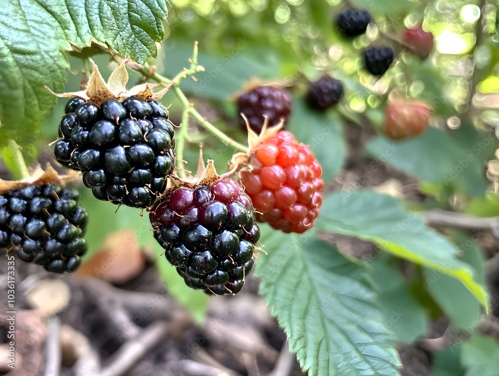 There are blueberries in the garden.Blackberries