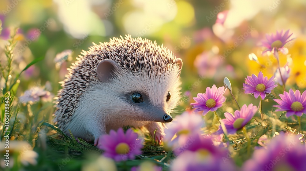 Fototapeta premium Charming 3D Baby Hedgehog with Pastel Colored Flowers in a Serene Meadow