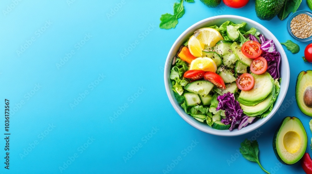 Fresh salad bowl with vibrant vegetables on a blue background, AI