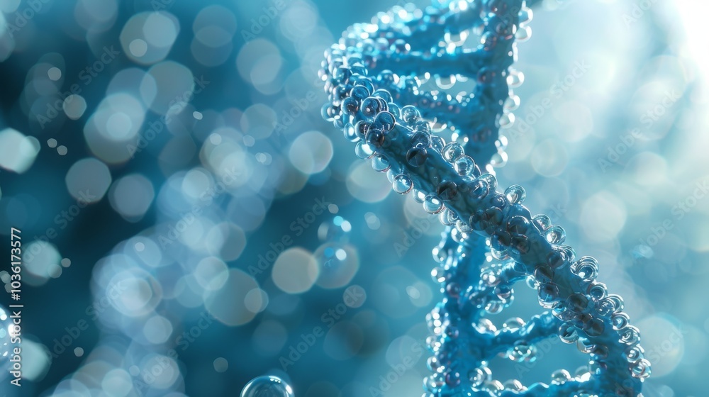 Blue DNA double helix spiral surrounded by soft light bokeh and bubbles, elegantly displayed on a blue backdrop Blue DNA double helix spiral surrounded by soft light bokeh and bubbles, elegantly displayed on a blue backdrop