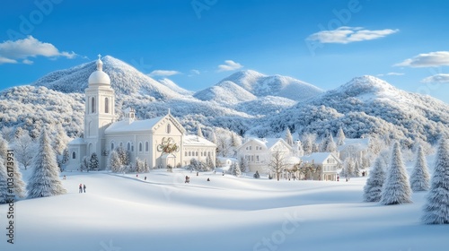 Fototapeta Naklejka Na Ścianę i Meble -  A picturesque small town comes alive with Christmas decorations, as people stroll through the snow-covered streets amid the scenic mountains