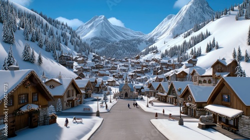 Fototapeta Naklejka Na Ścianę i Meble -  A picturesque small town comes alive with Christmas decorations, as people stroll through the snow-covered streets amid the scenic mountains