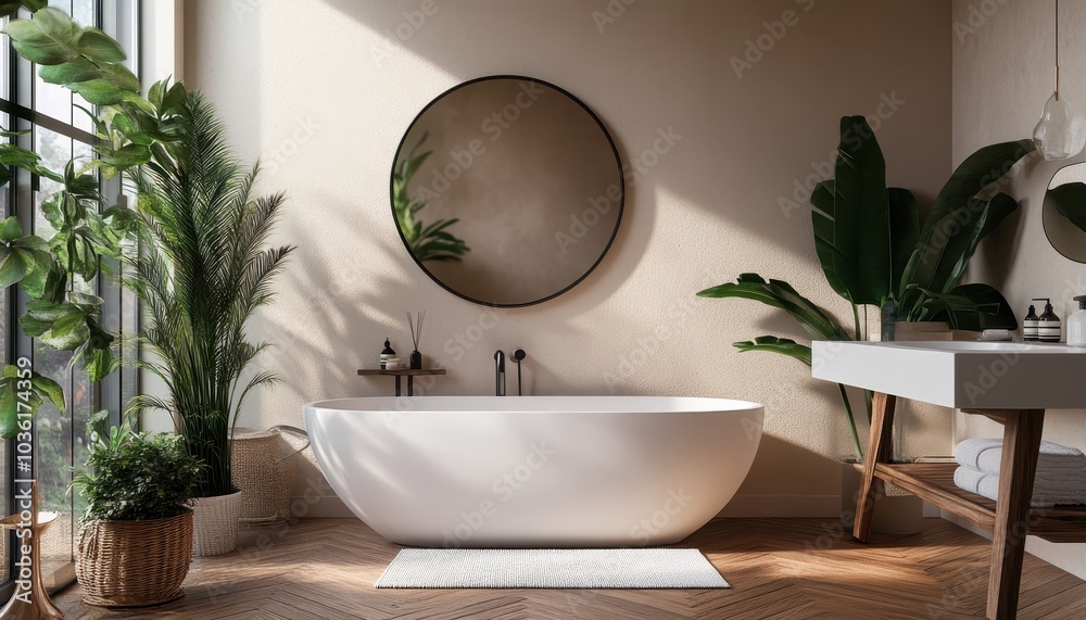 Elegant modern bathroom design with a freestanding tub and lush greenery Elegant modern bathroom design with a freestanding tub and lush greenery