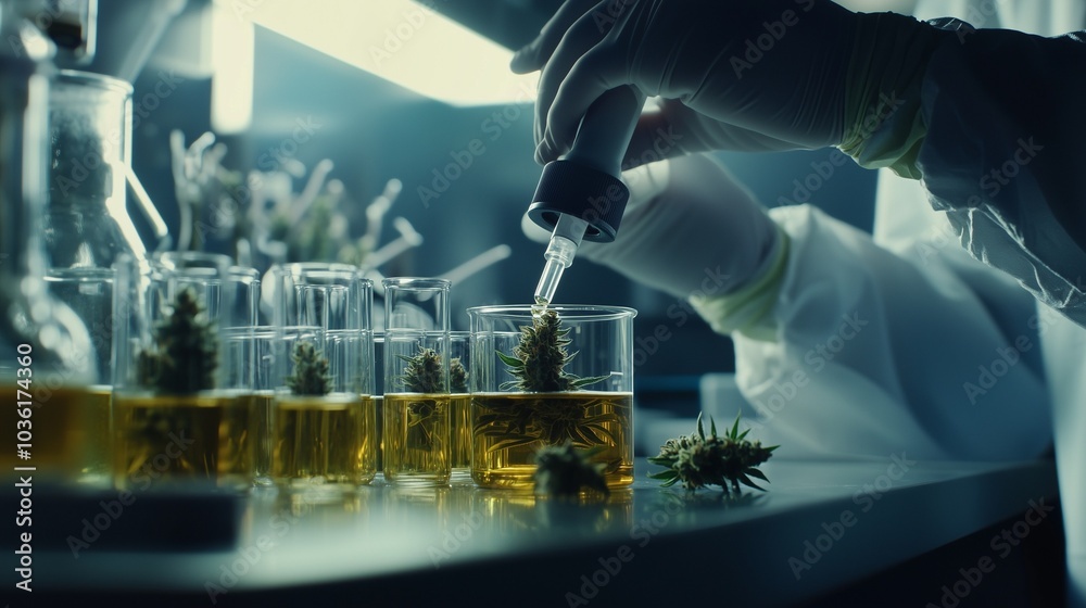 Cannabis oil being carefully measured in a laboratory, highlighting its medicinal use Cannabis oil being carefully measured in a laboratory, highlighting its medicinal use