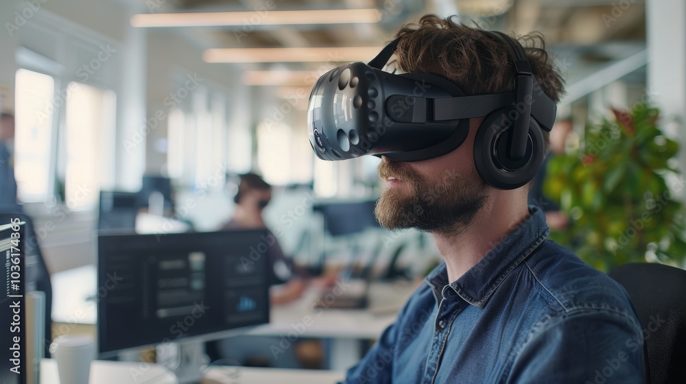 Professional in an office, using a high-tech AR interface with a headset for managing business projects Professional in an office, using a high-tech AR interface with a headset for managing business projects