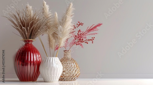 Beautiful background with a bouquet. An elegant composition of dry herbs in a white ceramic vase with gold trim. Decoration for Chinese New Year celebration. New Year's composition.