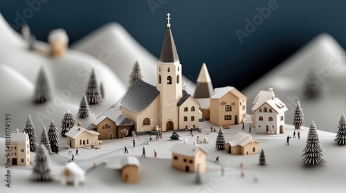 Fototapeta Naklejka Na Ścianę i Meble -  A picturesque small town comes alive with Christmas decorations, as people stroll through the snow-covered streets amid the scenic mountains