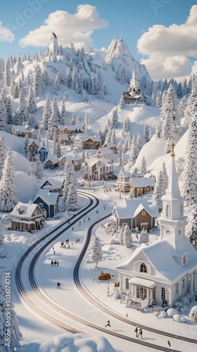 A picturesque small town comes alive with Christmas decorations, as people stroll through the snow-covered streets amid the scenic mountains