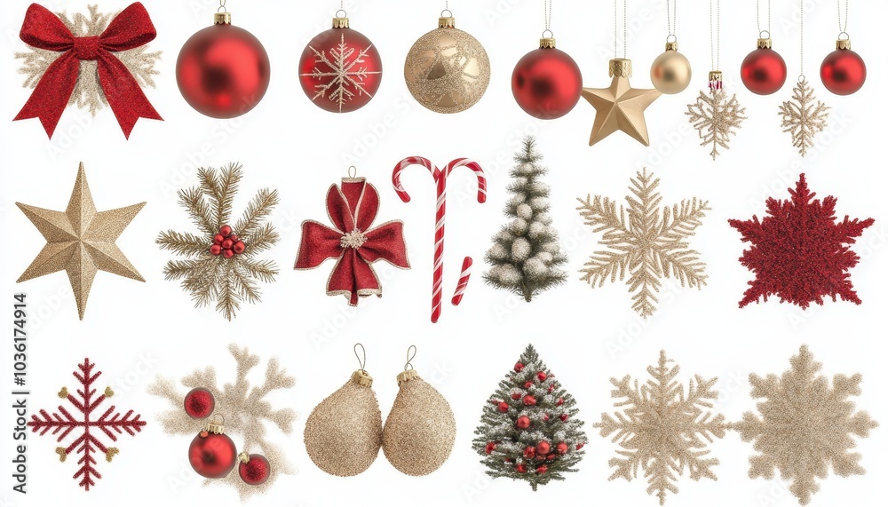 Christmas ornaments, ribbons, and snowflakes on a white backdrop Christmas ornaments, ribbons, and snowflakes on a white backdrop
