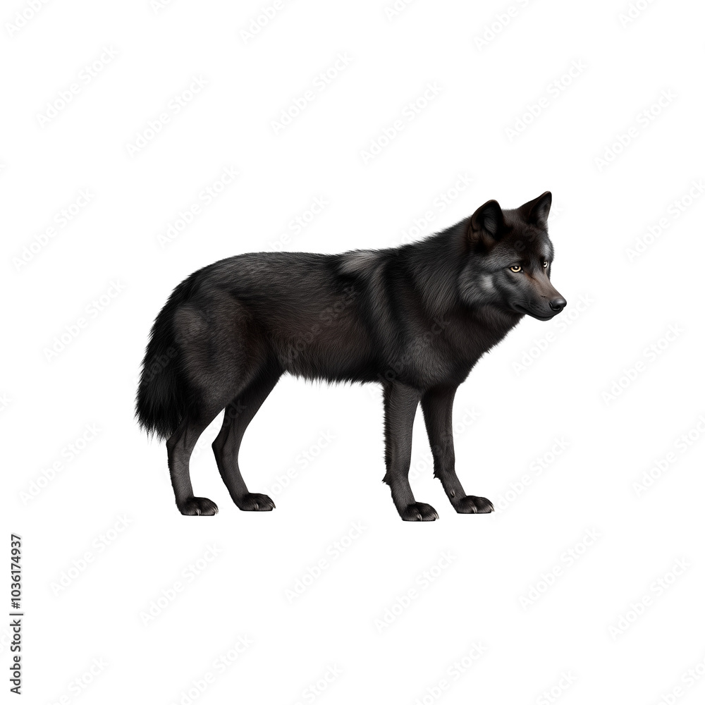 Black wolf standing on a transparent background, showing its dark fur and intense gaze Black wolf standing on a transparent background, showing its dark fur and intense gaze