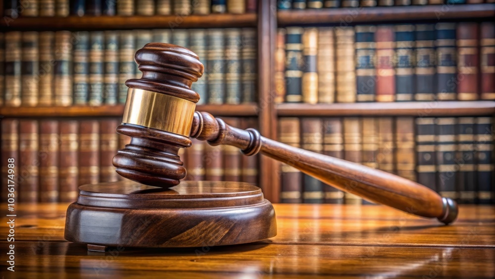 Wooden gavel is resting on a sound block on a desk in a law library, with shelves of law books in the background Wooden gavel is resting on a sound block on a desk in a law library, with shelves of law books in the background