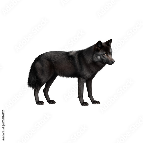 Black wolf standing on a transparent background, showing its dark fur and intense gaze