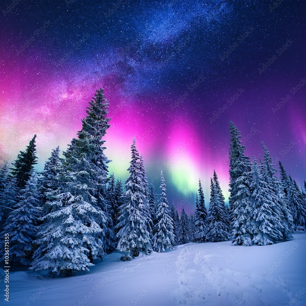 Ein atemberaubendes Schauspiel der Aurora Borealis über einem verschneiten Wald
