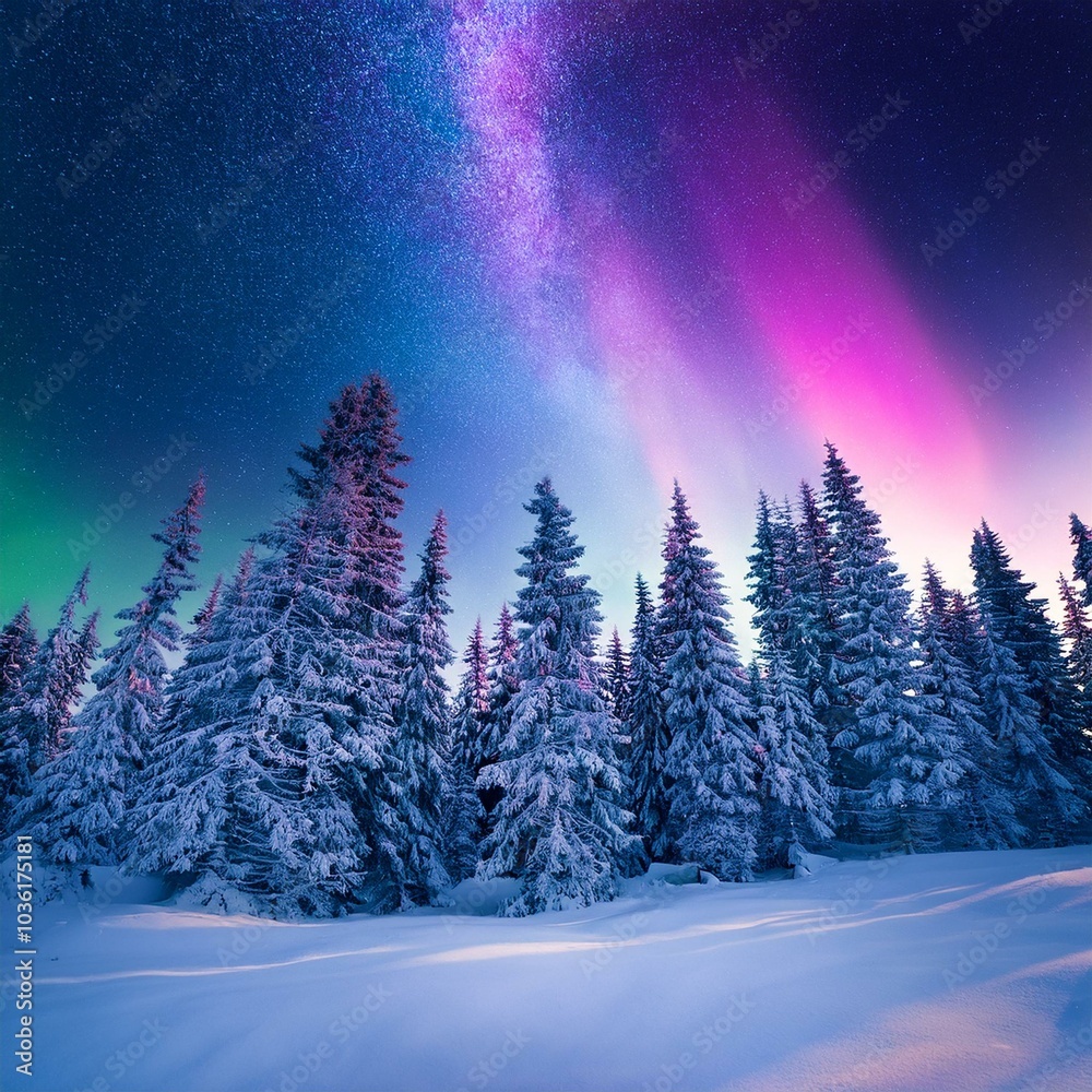 Fototapeta premium Lichtstrahlen der Aurora Borealis über schneebedeckten Bäumen im Winterwald