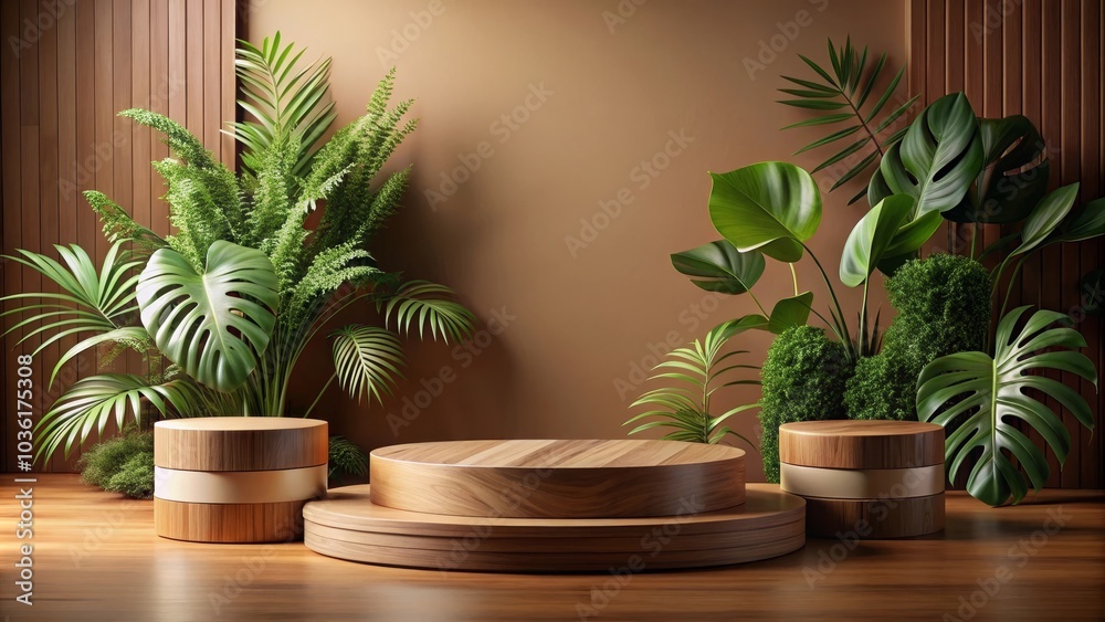 Empty wooden podium displaying on brown background with plants decor for product presentation Empty wooden podium displaying on brown background with plants decor for product presentation