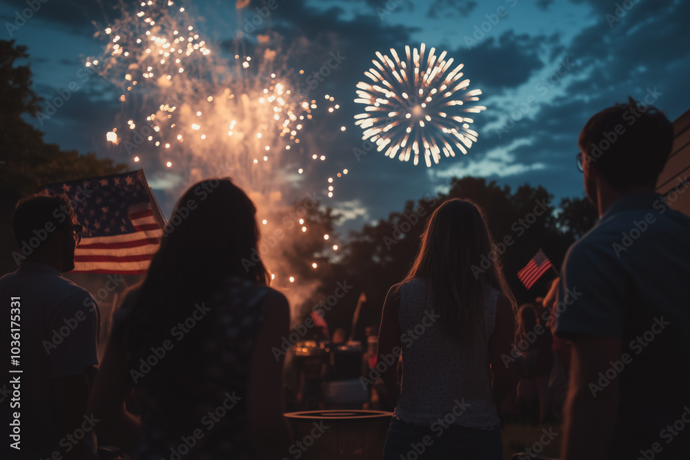 Friends at a 4th of July Holiday Backyard Party with American flags and fireworks