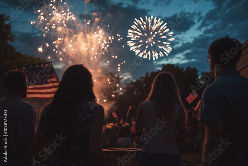 Friends at a 4th of July Holiday Backyard Party with American flags and fireworks