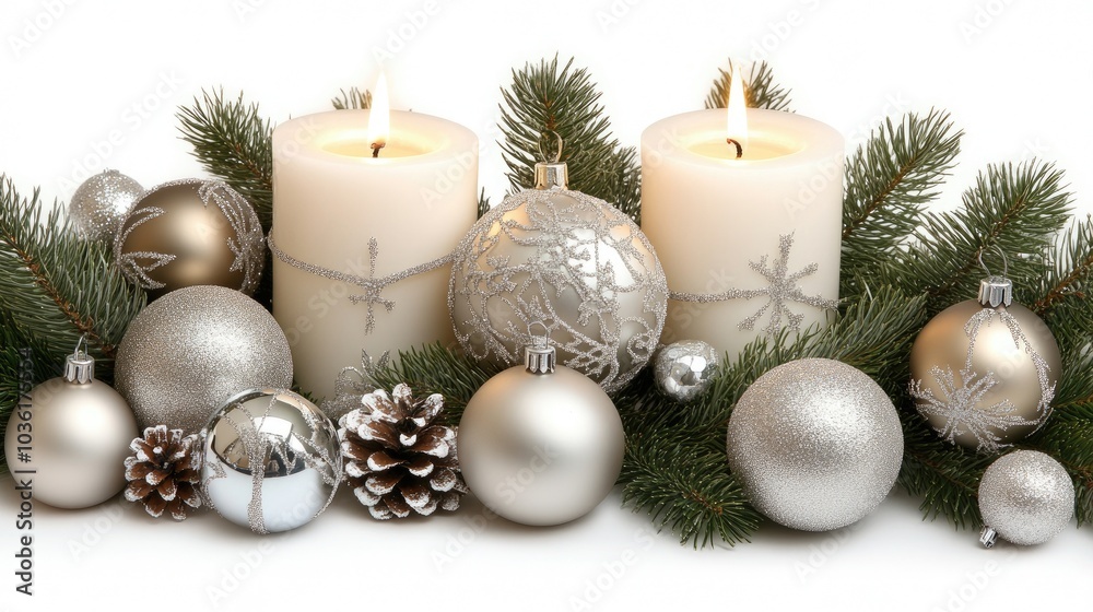 A warm and inviting Christmas table features three white candles surrounded by green pine branches and silver ornaments, perfect for holiday decor A warm and inviting Christmas table features three white candles surrounded by green pine branches and silver ornaments, perfect for holiday decor