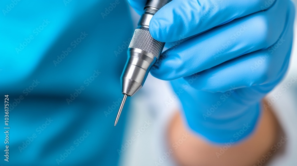 Close-up of a hand in a blue medical glove holding a dental instrument. The tip of the drill bit is thin, which creates a sense of precision. Close-up of a hand in a blue medical glove holding a dental instrument. The tip of the drill bit is thin, which creates a sense of precision.