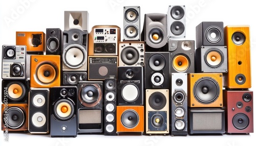 Collection of various speaker models arranged on a clean white background