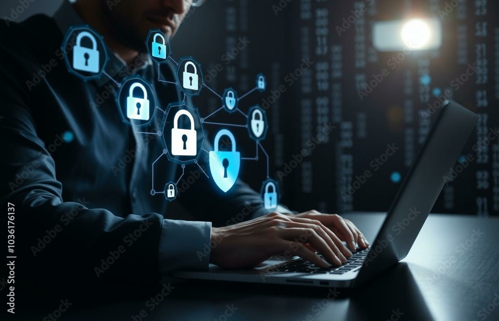Naklejka premium A close-up of a professional sitting at a desk, typing on a laptop, with a focus on cybersecurity and data protection. The screen displays a network security interface, with holographic icons of locks