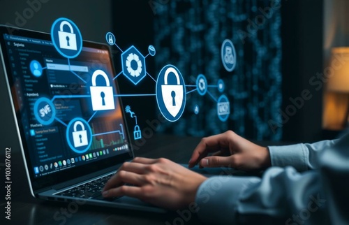 A close-up of a professional sitting at a desk, typing on a laptop, with a focus on cybersecurity and data protection. The screen displays a network security interface, with holographic icons of locks