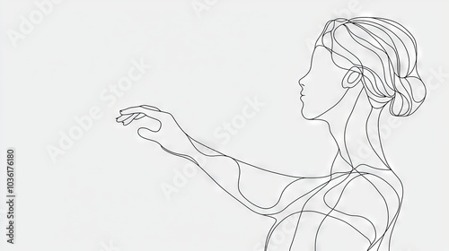   A black and white illustration of a woman gesturing towards something on the side of her head with her arm raised photo