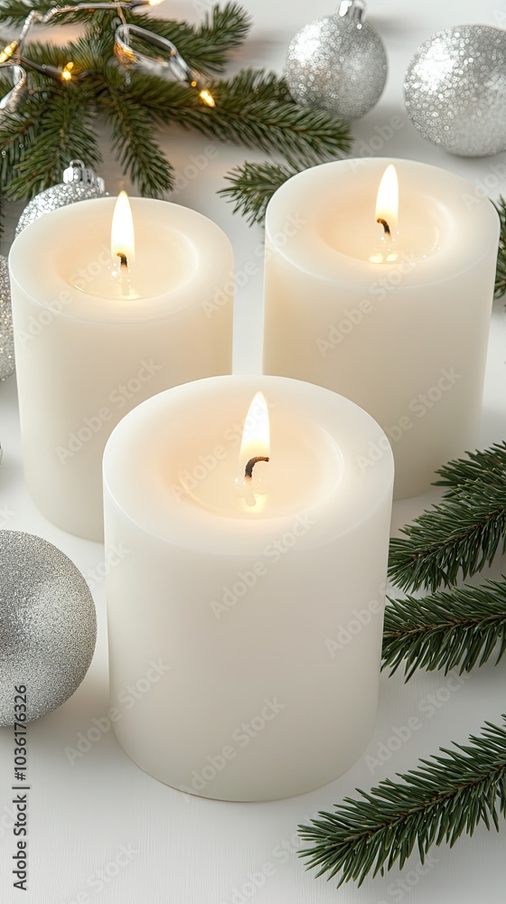 A warm and inviting Christmas table features three white candles surrounded by green pine branches and silver ornaments, perfect for holiday decor A warm and inviting Christmas table features three white candles surrounded by green pine branches and silver ornaments, perfect for holiday decor