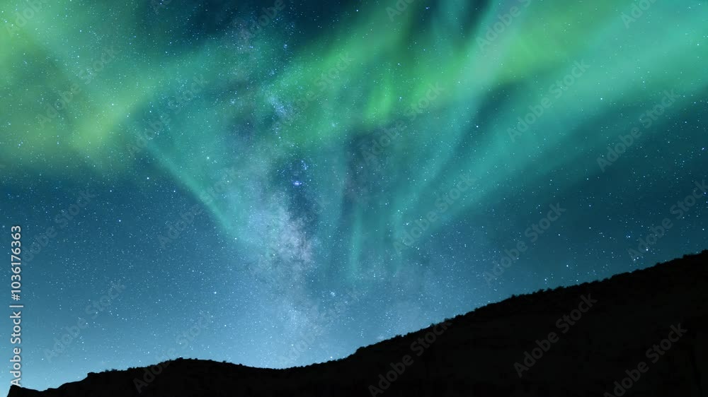 Aurora and Milky Way Galaxy Stellar Odyssey Over Hills Loop