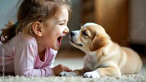 Pet and Child Bonding A child giggling as they play with a puppy, highlighting the special bond between kids and pets