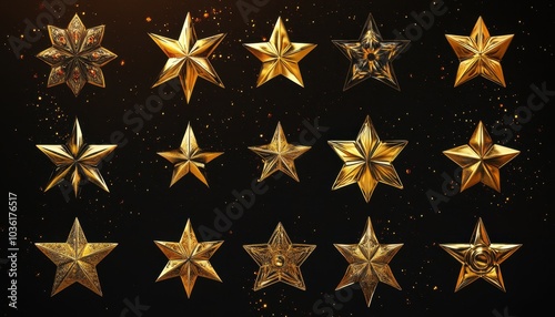 Various decorative golden stars arranged artistically against a dark background