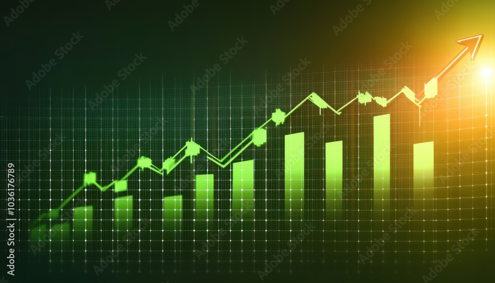 Green trend line representing market growth on a dark digital background Green trend line representing market growth on a dark digital background