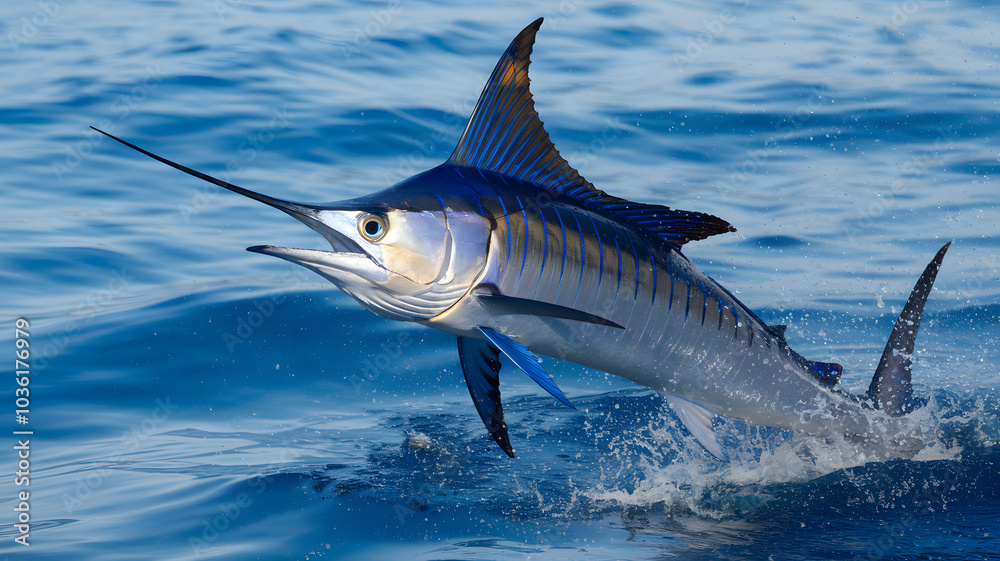 Fototapeta premium Swordfish leaps from ocean surface in action