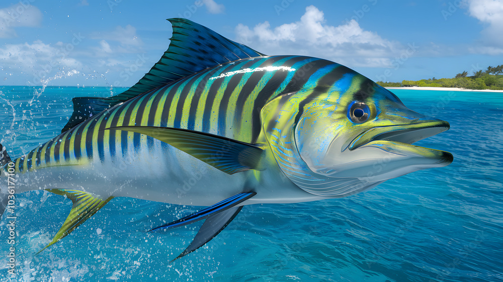 Naklejka premium Vibrant fish leaping from ocean waters