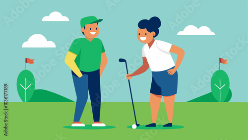 Unified Golf Two golfers one using a modified club for accessibility sharing a laugh while preparing to tee off on a lush green course.