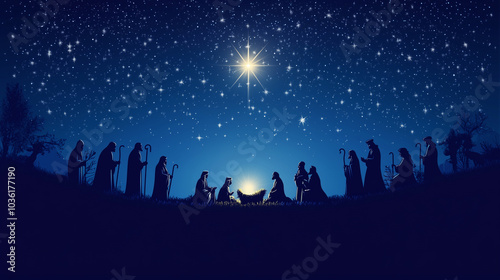 Silhouette of the nativity scene with the three wise men, shepherds, and the Bethlehem star shining brightly on a deep navy blue background, symbolizing the birth of Christ.  copy space.