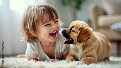 Pet and Child Bonding A child giggling as they play with a puppy, highlighting the special bond between kids and pets.