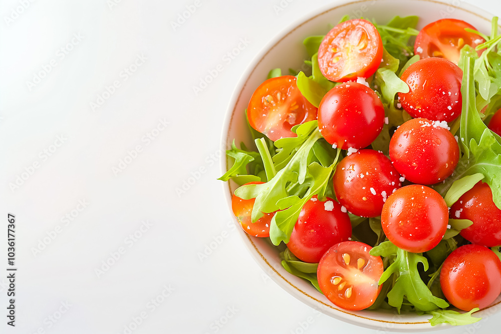 A vibrant mix of cherry tomatoes and fresh arugula creates a refreshing salad, garnished with a light sprinkling of salt, captured in a bright kitchen setting A vibrant mix of cherry tomatoes and fresh arugula creates a refreshing salad, garnished with a light sprinkling of salt, captured in a bright kitchen setting