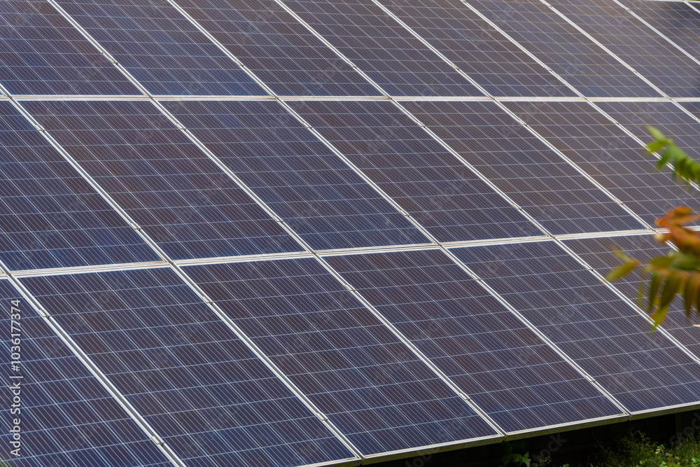 A series of solar panels capture sunlight in a systematic arrangement, contributing to renewable energy production in an urban setting during broad daylight A series of solar panels capture sunlight in a systematic arrangement, contributing to renewable energy production in an urban setting during broad daylight