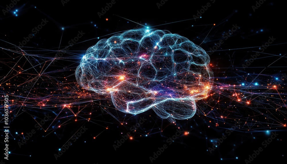 Naklejka premium A digital representation of a brain with colorful neural connections and patterns