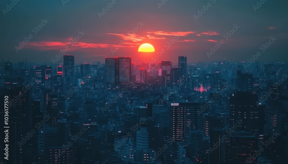 Fototapeta premium Stunning sunset over a vibrant city skyline illuminated by evening lights