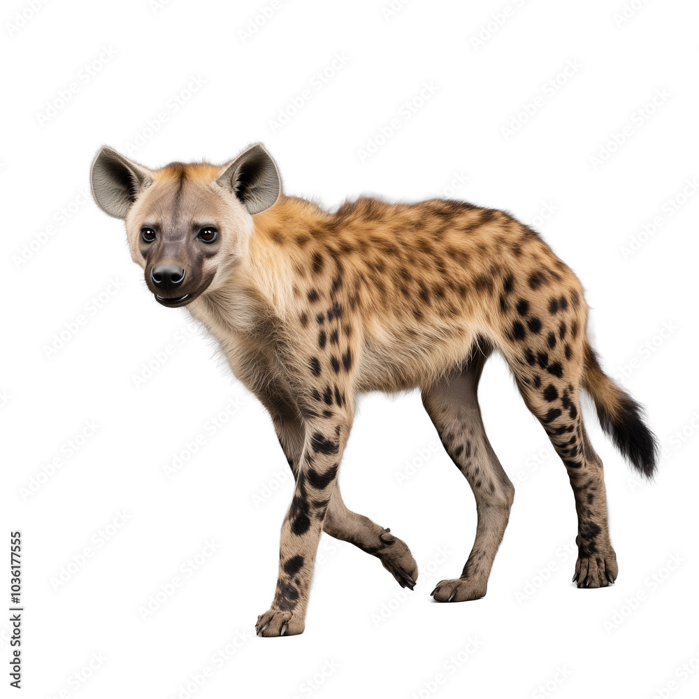 Hyena walking on a transparent background, displaying its spotted fur and muscular body Hyena walking on a transparent background, displaying its spotted fur and muscular body