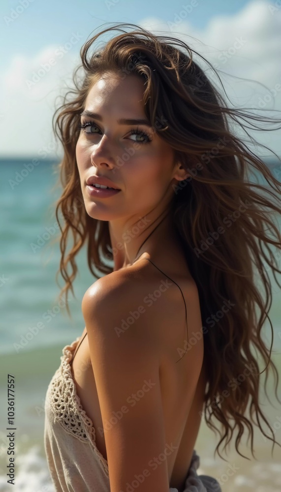 A brunette woman in a swimsuit gazes back while standing near the shoreline. Gentle sea waves lap at her feet under a clear blue sky. Long hair, beautiful young face. Travel and clothing adverts. AI A brunette woman in a swimsuit gazes back while standing near the shoreline. Gentle sea waves lap at her feet under a clear blue sky. Long hair, beautiful young face. Travel and clothing adverts. AI