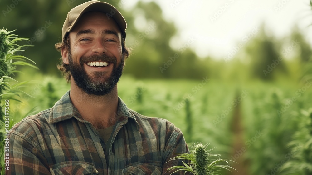 Smiling farmer standing in a cannabis field, celebrating legalization with a healthy crop Smiling farmer standing in a cannabis field, celebrating legalization with a healthy crop