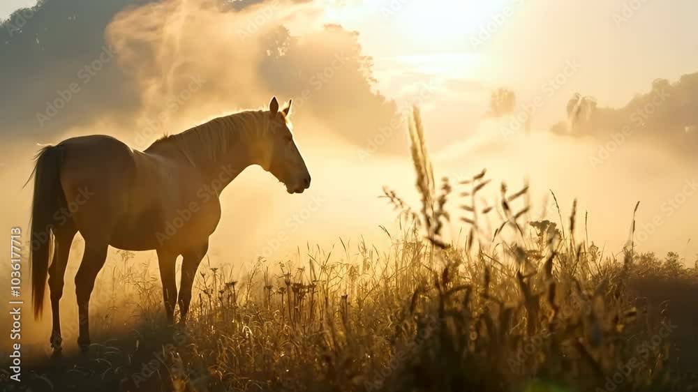 Proud horse standing in misty morning fog, Video