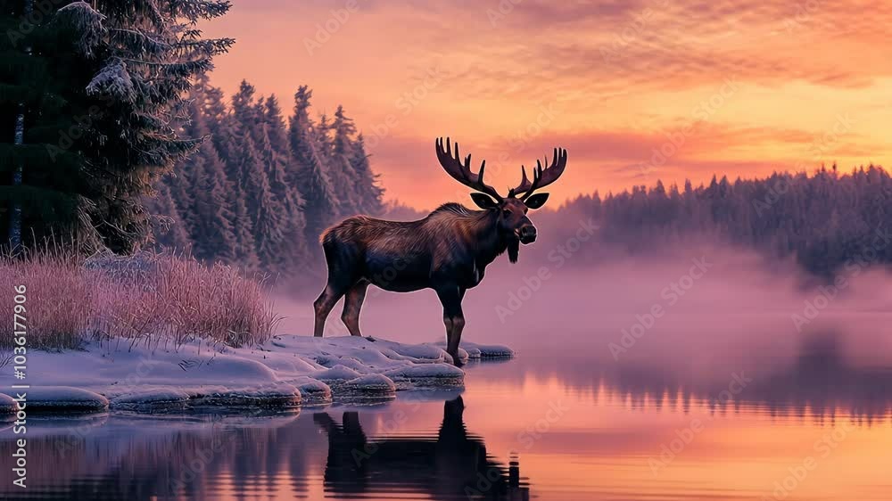 A large moose stands by a frozen lake during sunset in a snowy forest A large moose stands by a frozen lake during sunset in a snowy forest